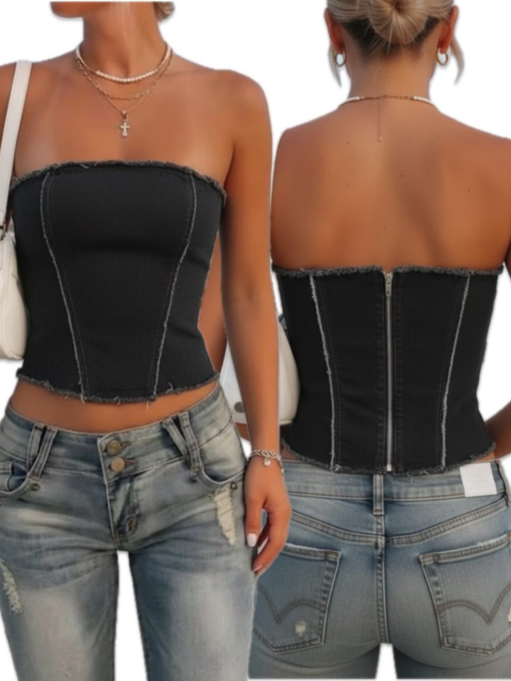 SHEIN MOD Dark Wash Denim Corset Frayed Strapless Top L